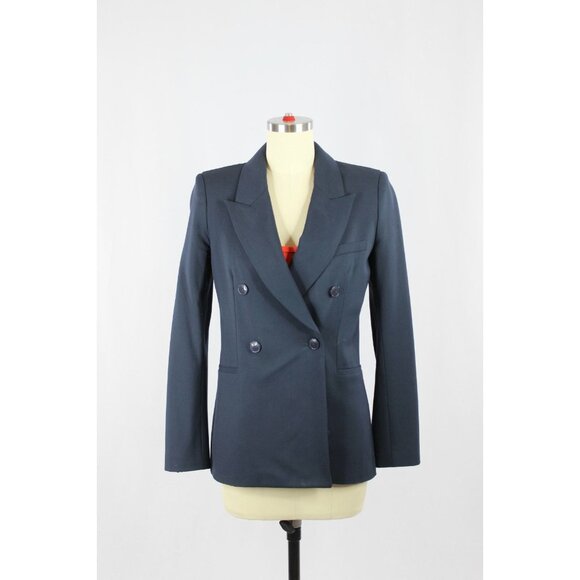 Aritzia TALULA Navy Blue Wool Twill Double Breasted Peak Lapel Blazer, Size 2 - Picture 1 of 15